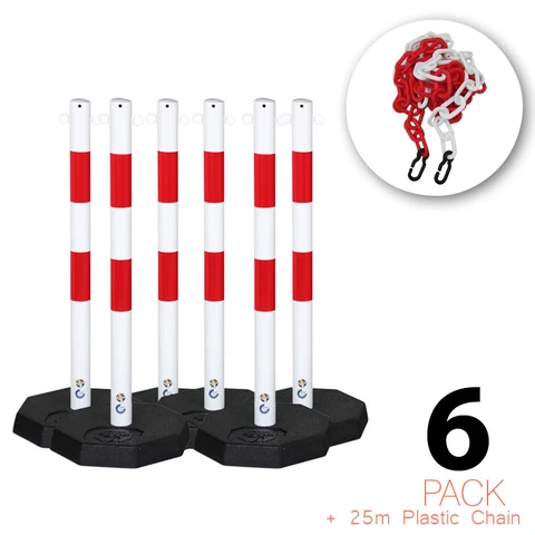 (6 Paket) - Flexibarrier Stupić s lancem - čelik - uključujući 25m plastični lanac (crveno/bijelo