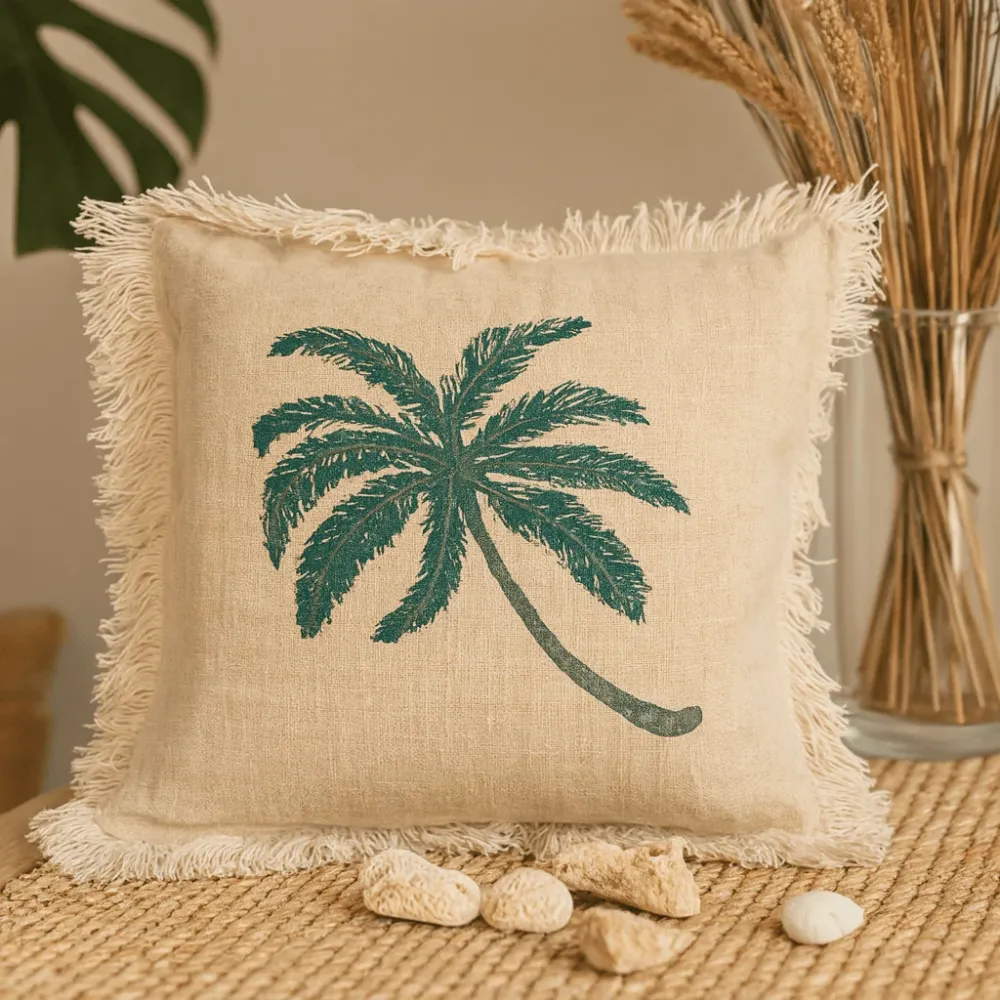 Laneni jastuk 60x60cm s resama i motivom palme