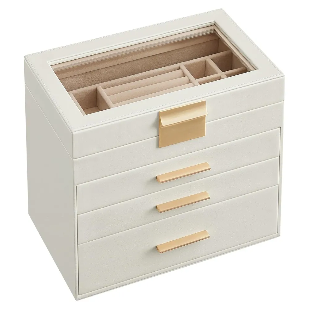 Kutija za nakit sa staklenim poklopcem i 3 ladice, 15x25x21,5cm, bijelo-zlatna