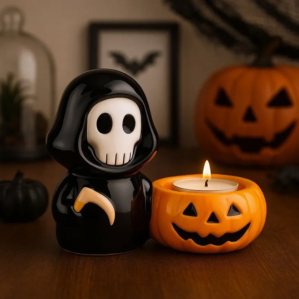 Držč za čajne svijeće Halloween keramička lubanja Smrt Grim Reaper