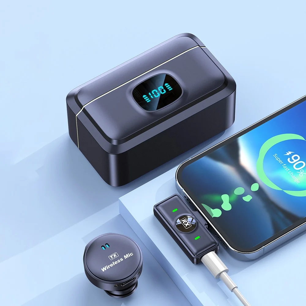 Techsuit - (2 kom) Lavalier Wireless uređaj sa iPhone Lightning priključkom Noise Reduction 2.0 - digitalni zaslon - crni