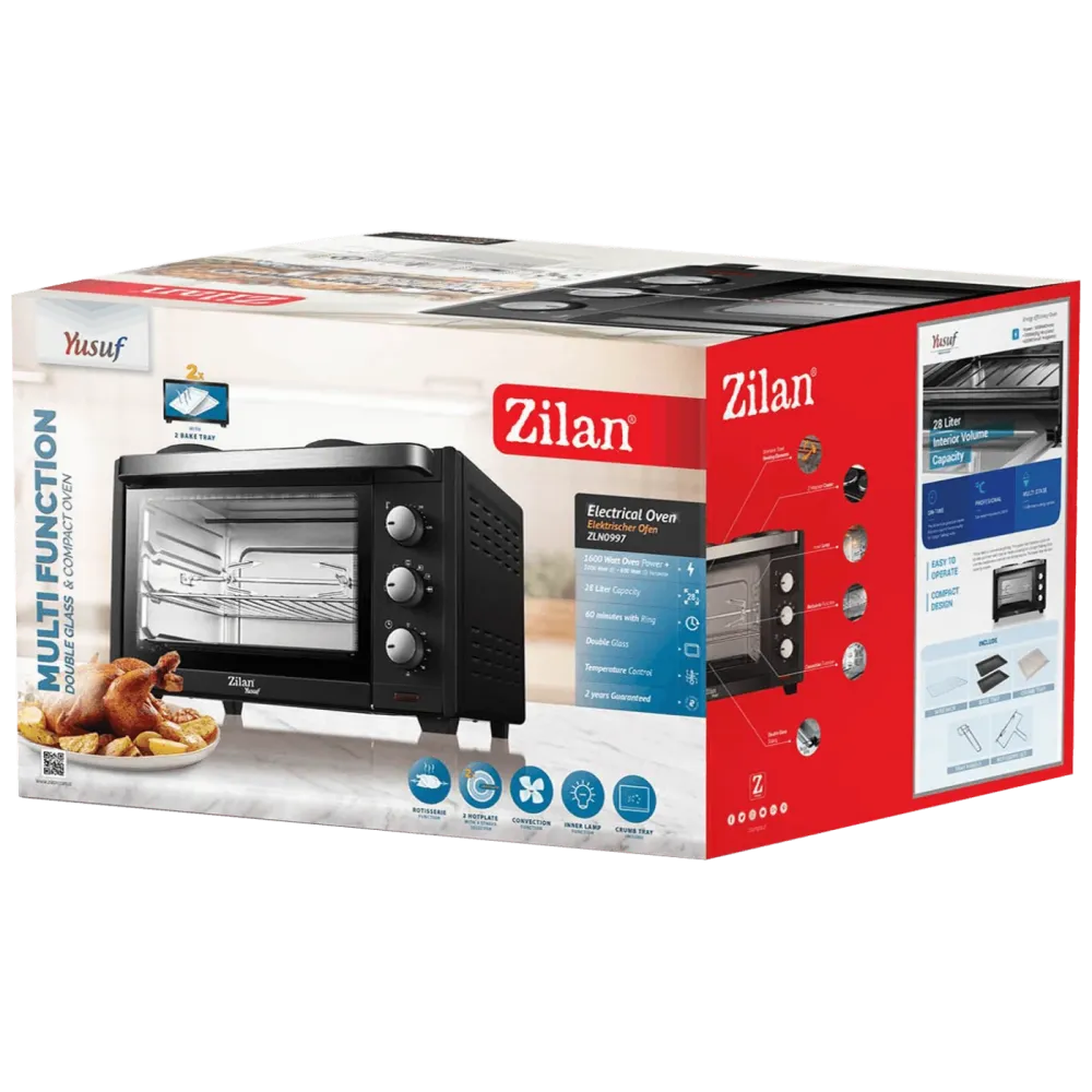 Zilan Mini pećnica sa grilom + ventilator, 28 l, 3200 W, crna - ZLN0997