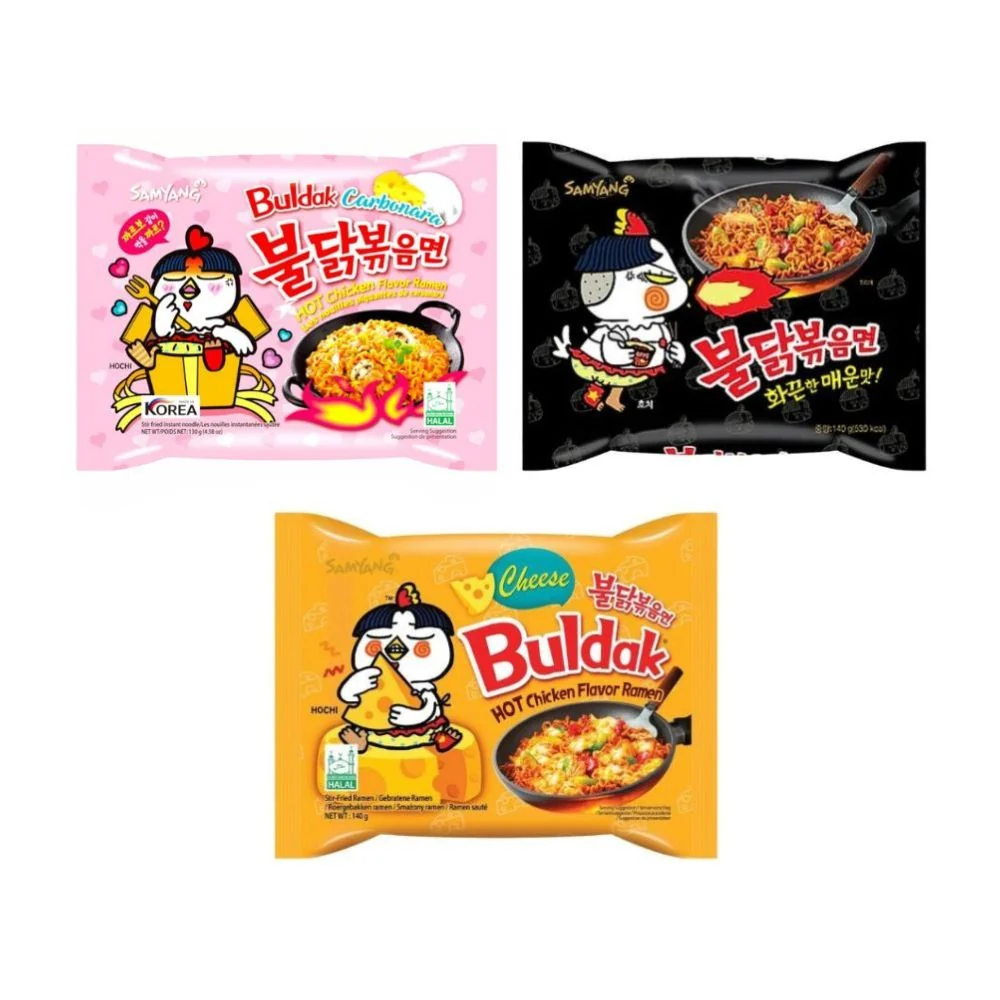 Samyang Buldak Mix: 1 Samyang Buldak Carbonara Hot Chicken Flavor od 130g, 1 Samyang Buldak Hot Chicken Flavor Ramen od 14...