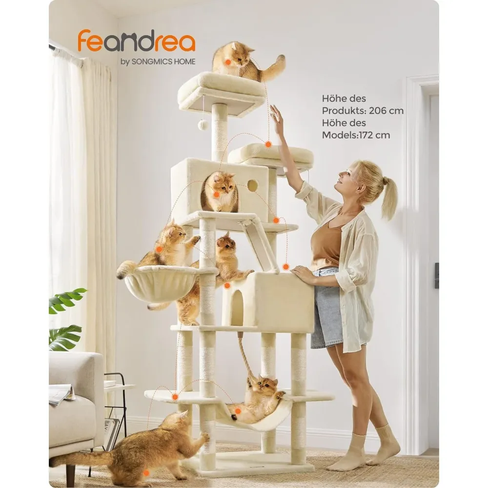 Veliki mačji toranj s kućicama, ležaljkama, grebalicama, visine 206 cm, bež | FEANDREA