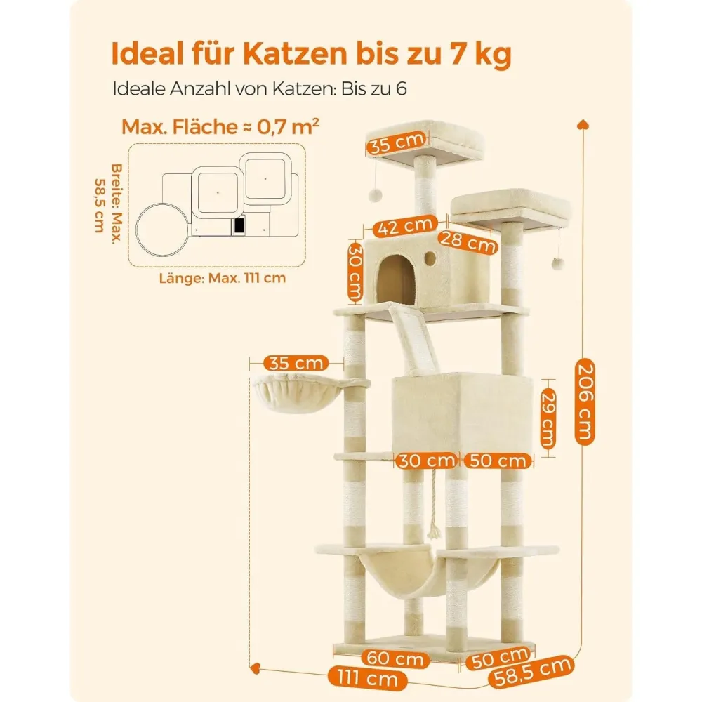 Veliki mačji toranj s kućicama, ležaljkama, grebalicama, visine 206 cm, bež | FEANDREA