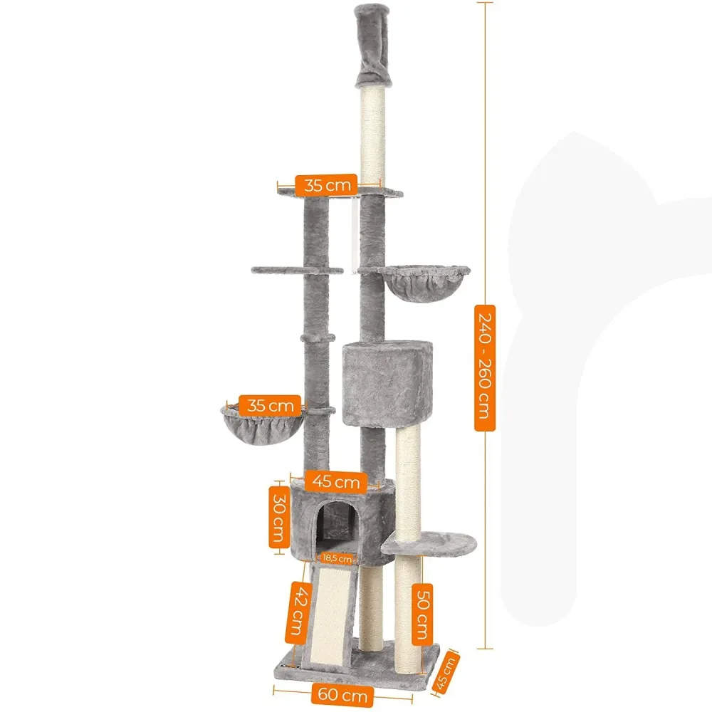 Visoki mačji toranj s grebalicama do stropa 240-260 cm, svijetlo sivi | FEANDREA