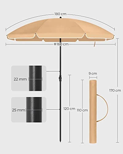 Suncobran 160 cm, zaštita od sunca UPF 50+, nagibni, bez postolja, taupe