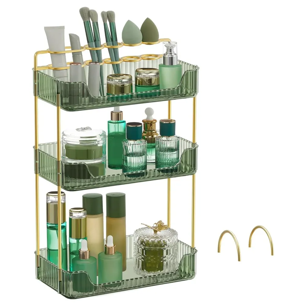 Organizator kozmetike na 3 razine, 30,5 x 16,8 x 48 cm, svjetlo zeleni i zlatni