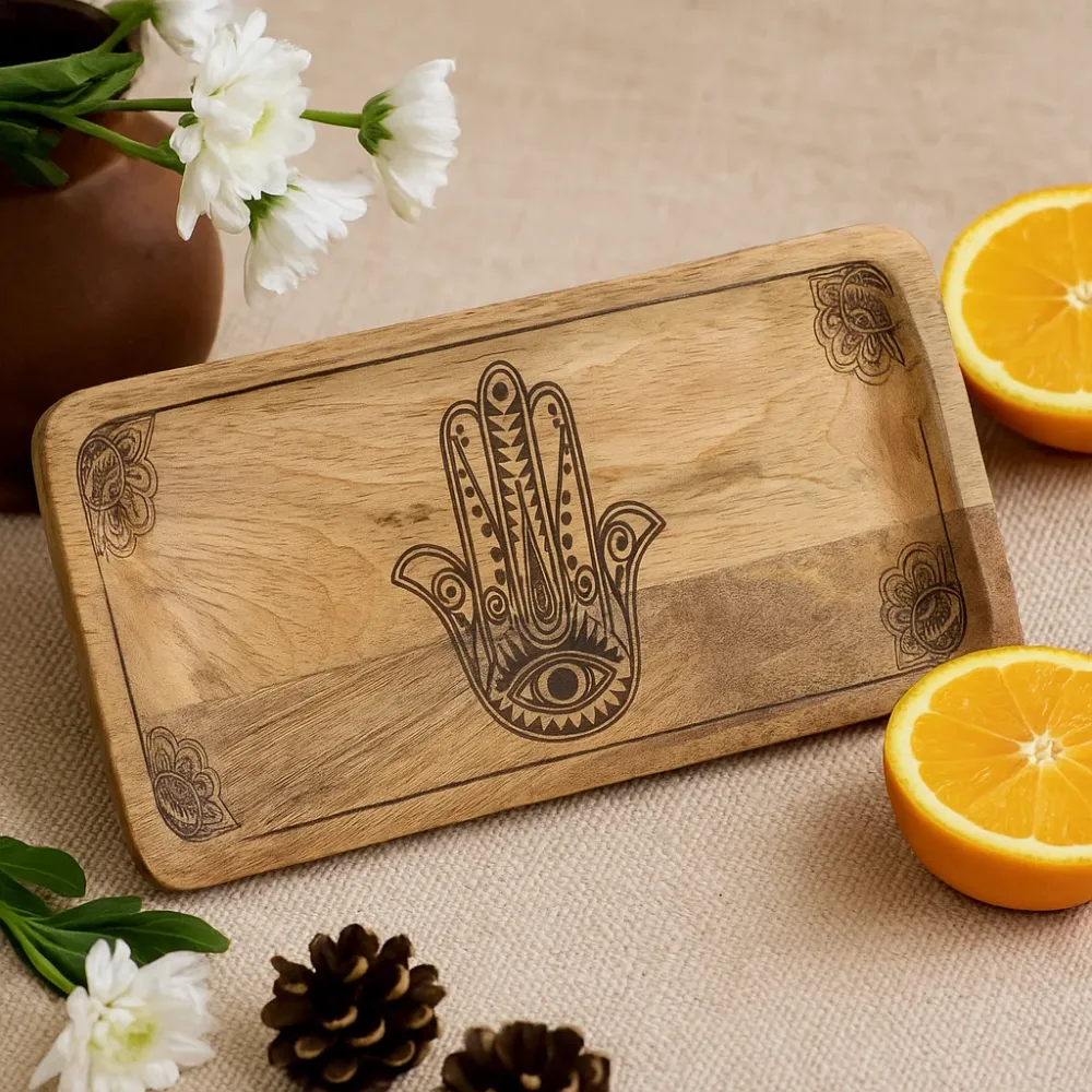 Duga pladanj Hamsa dizajn crni ugravirani 30x15x2.5cm