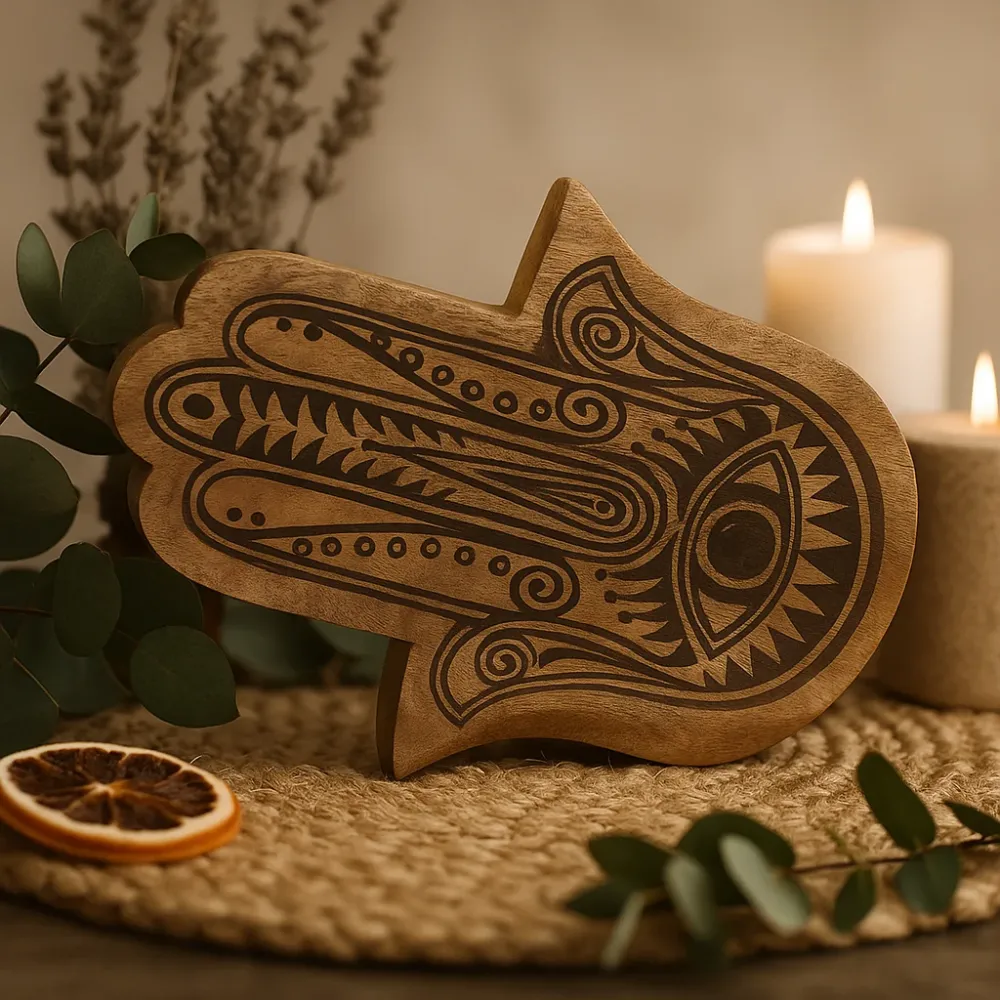 Duga pladanj Hamsa urezan crni 30x20.5x2.5cm