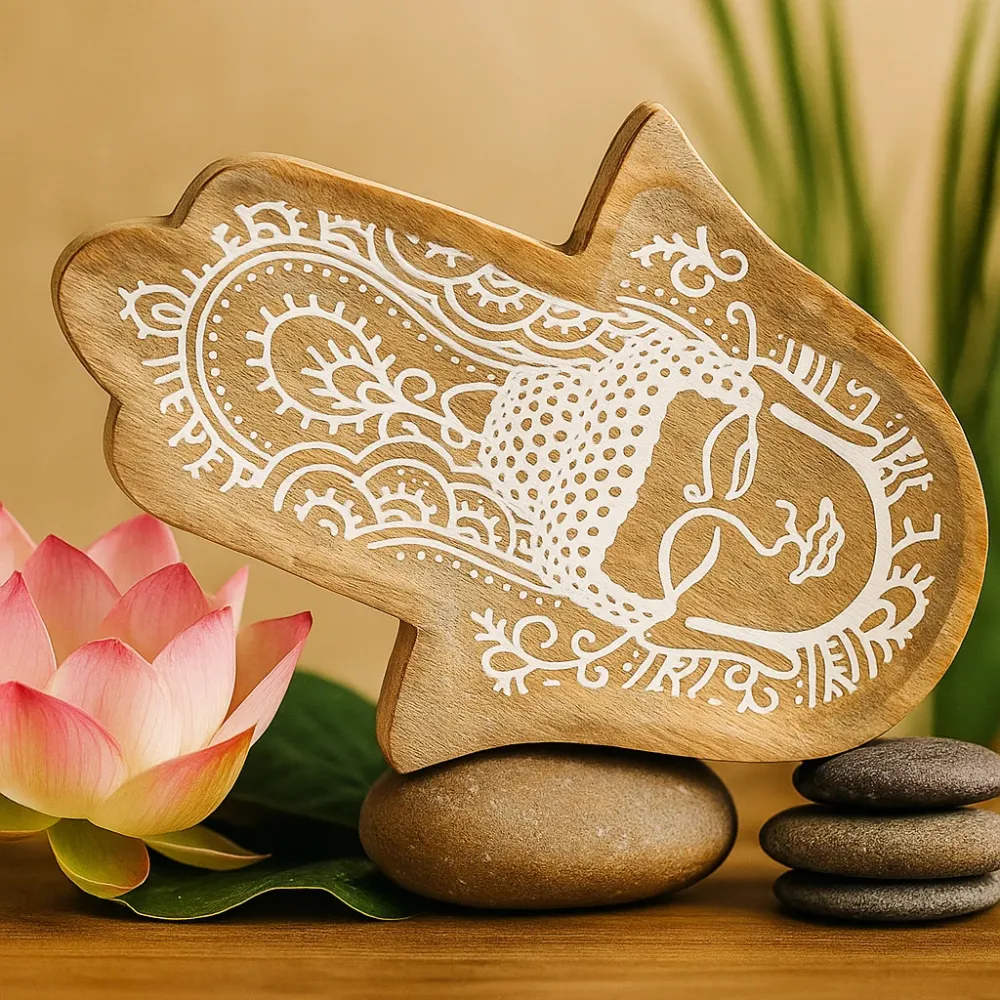 Duga pladanj ruke Hamsa, Buda bijeli premaz 30x20.5x2.5cm