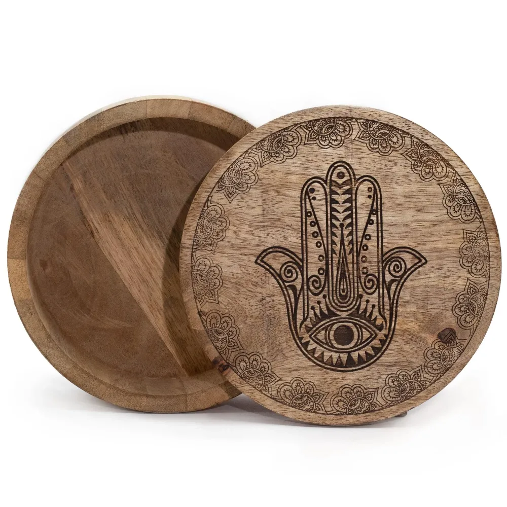 Velika okrugla kutija 17.5x7.5cm Hamsa crna ugravirana