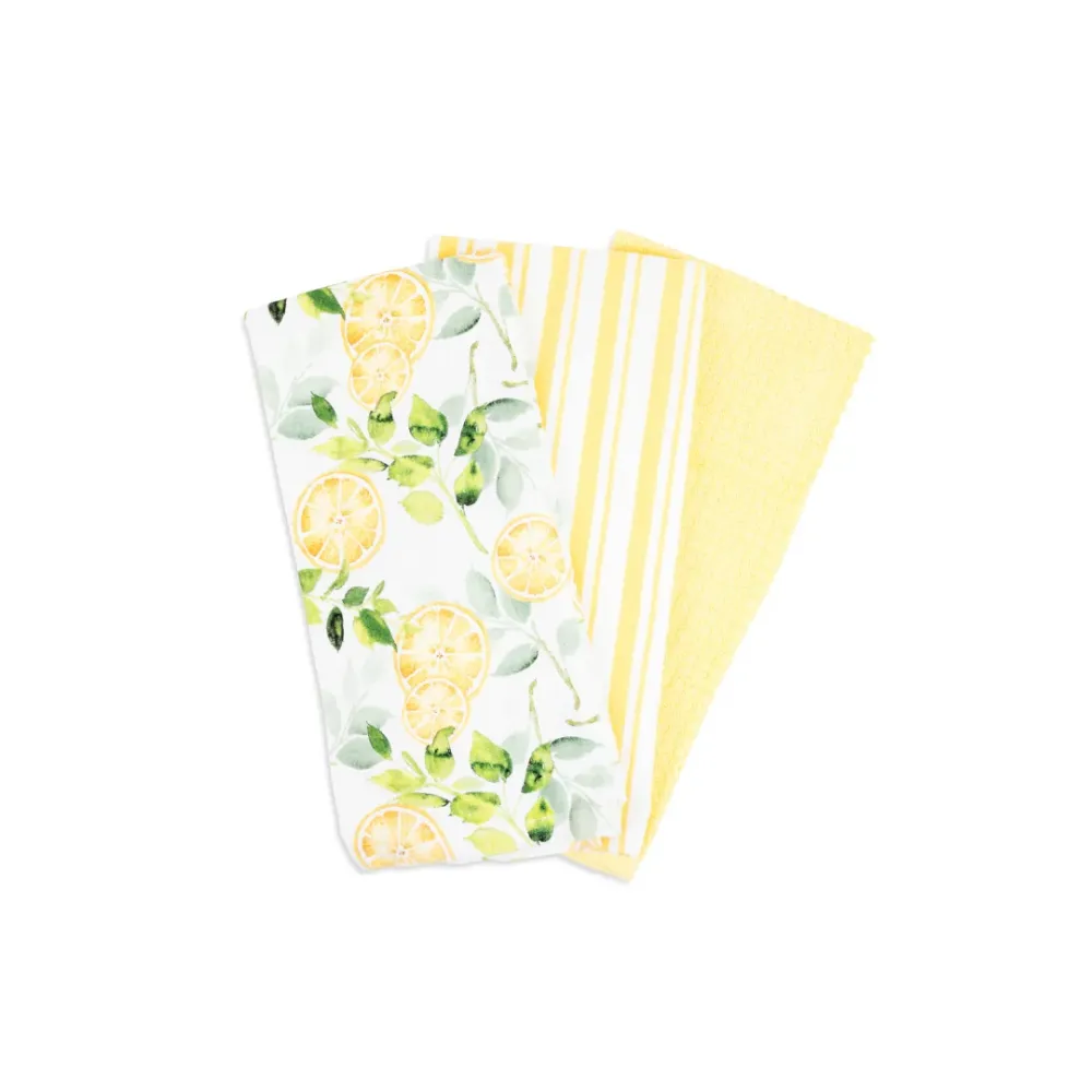 3pk Fouta Towel - 2 Print, 1 Waffle - Citrus Lemons