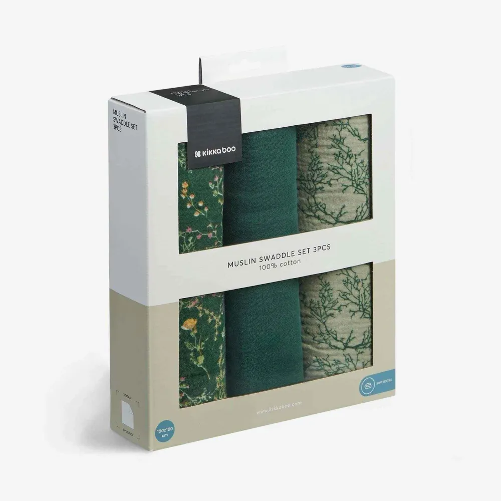 KikkaBoo® Muslin pelene 3 komada 100x100 cm Secret Garden Green
