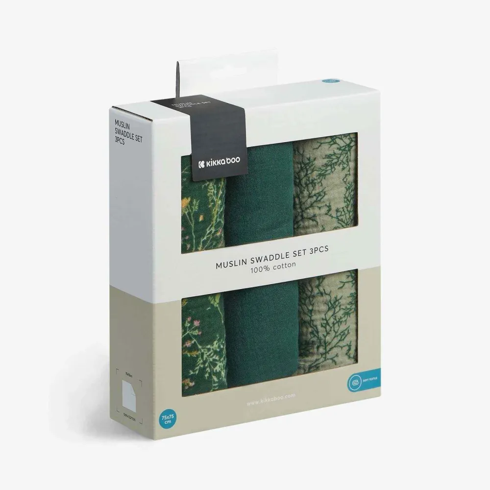 KikkaBoo® Tetra pelene od muslina 3 komada 75x75 cm Secret Garden Green