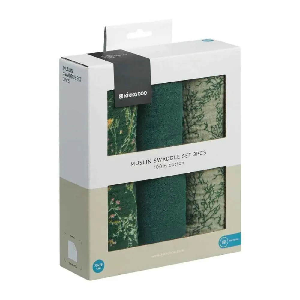 KikkaBoo® Tetra pelene od muslina 3 komada 75x75 cm Secret Garden Green