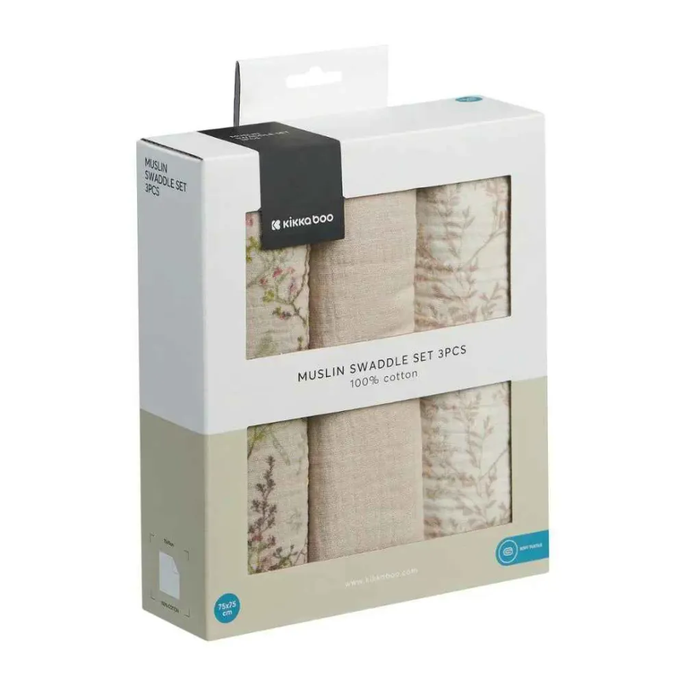 KikkaBoo® Tetra pelene od muslina 3 komada 75x75 cm Secret Garden Beige