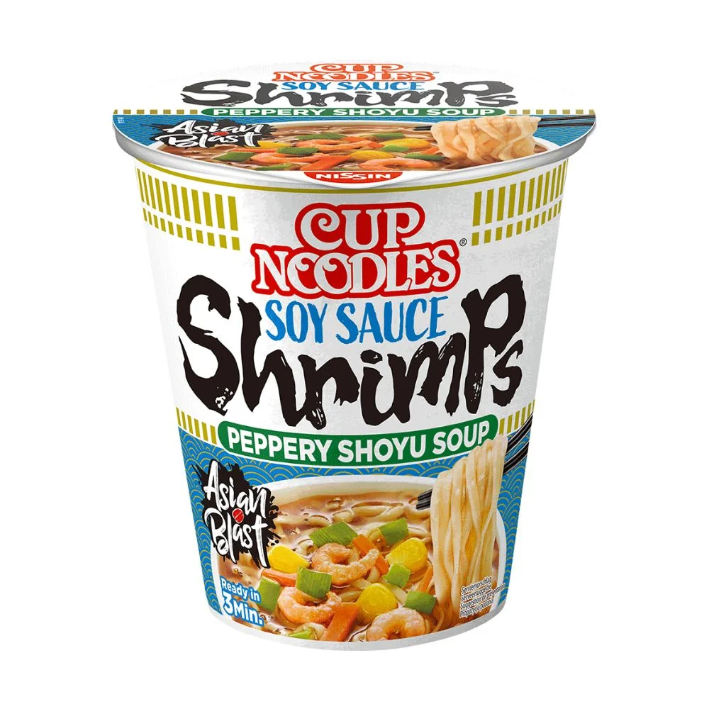 Nissin Noodles Soy Sauce Shrimps Peppery Shoyu Soup, instant rezanci s okusom kozica od 63g