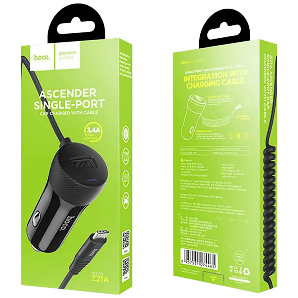 hoco. Auto punjač sa micro USB kabelom, 1 x USB, 2.4 max. - Z21A Ascender single USB