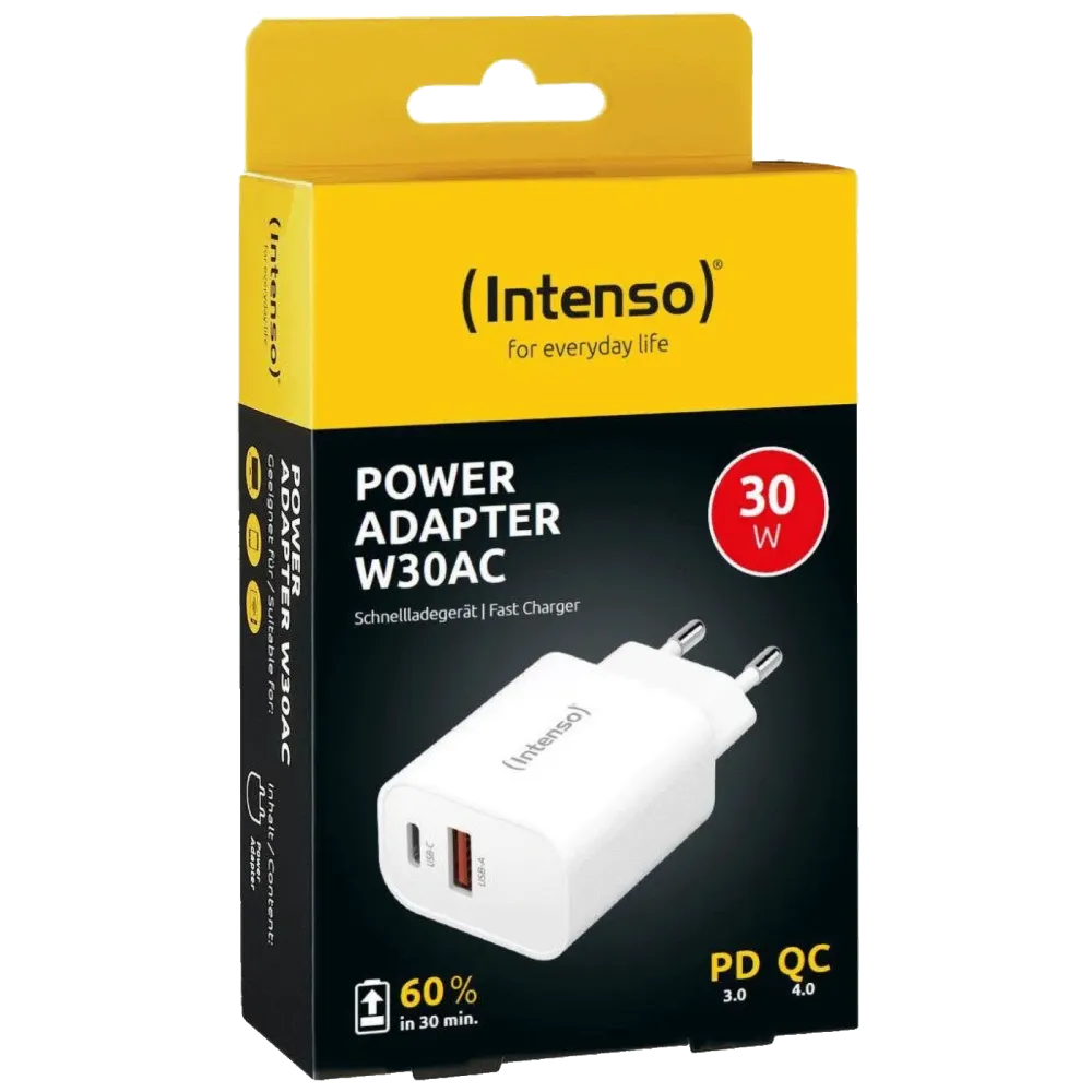 (Intenso) Punjač kučni, brzi, 1 x USB-, 1 x UCB-C, 3A, 30W - Power Adapter W30AC