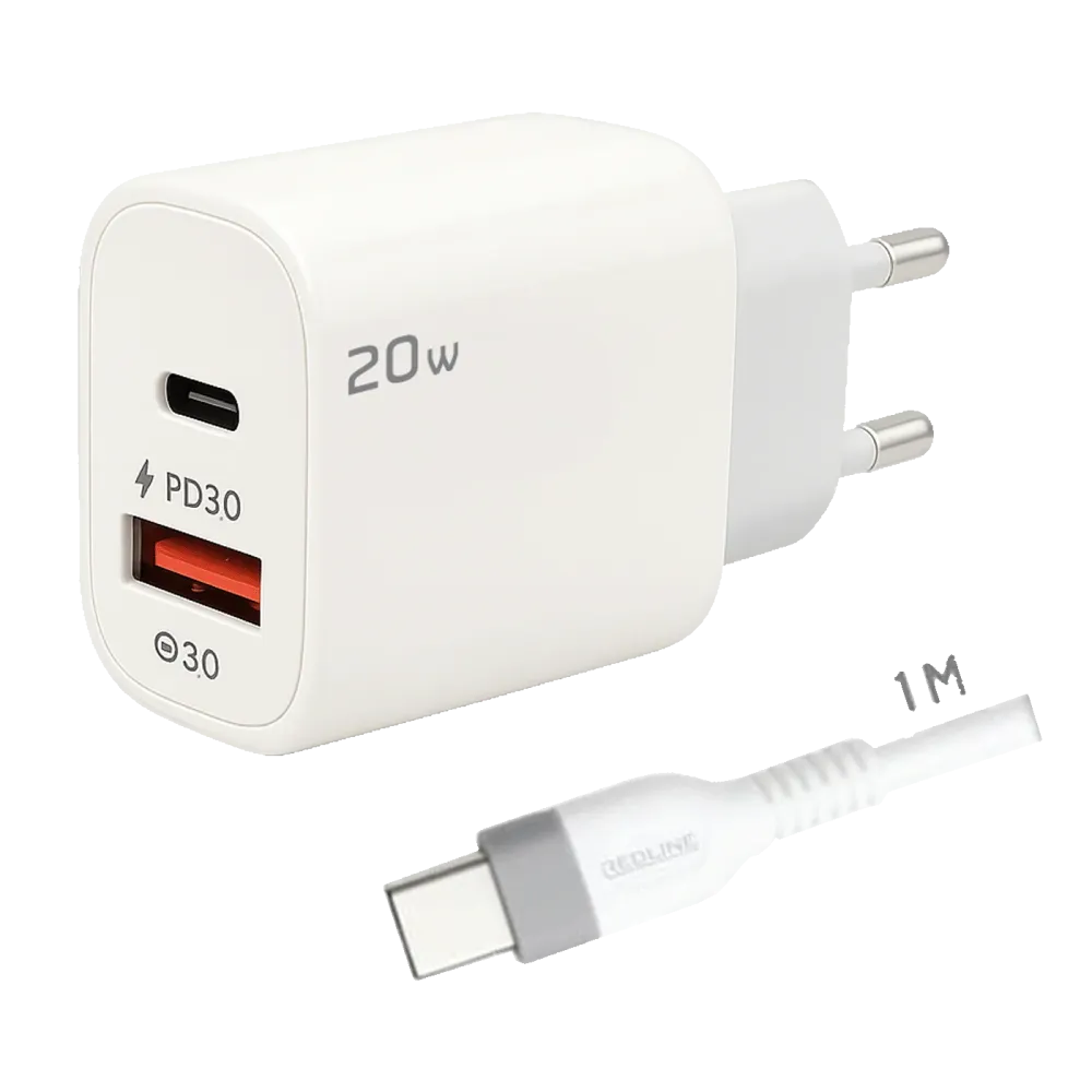 REDLINE Punjač sa USB-C kablom, 1 x USB-, 1 x USB-C, 20W - GL20AC+CC-1M