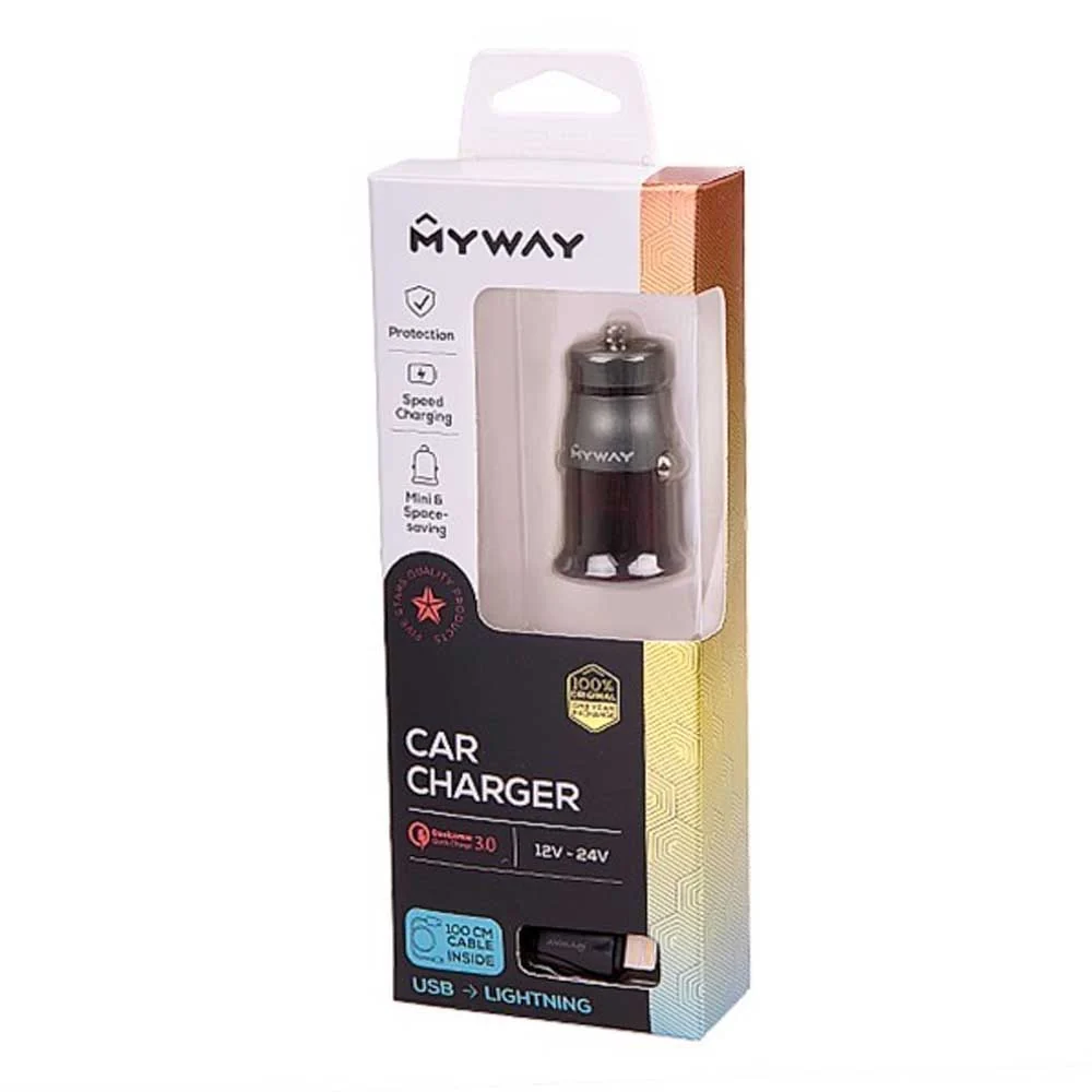 MYWAY auto punjač za iPhone Brzi punjač 12/24V, 100 cm USB/Lightning kabel