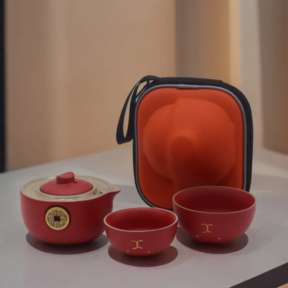 Putni čajni set – Mačak novčić 2 šalice crvena