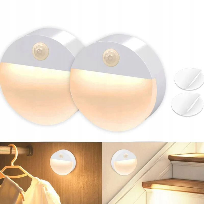 2 kom bežične okrugle LED zidne lampe na baterije – s PIR detektorom pokreta, za noćno osvjetljenje