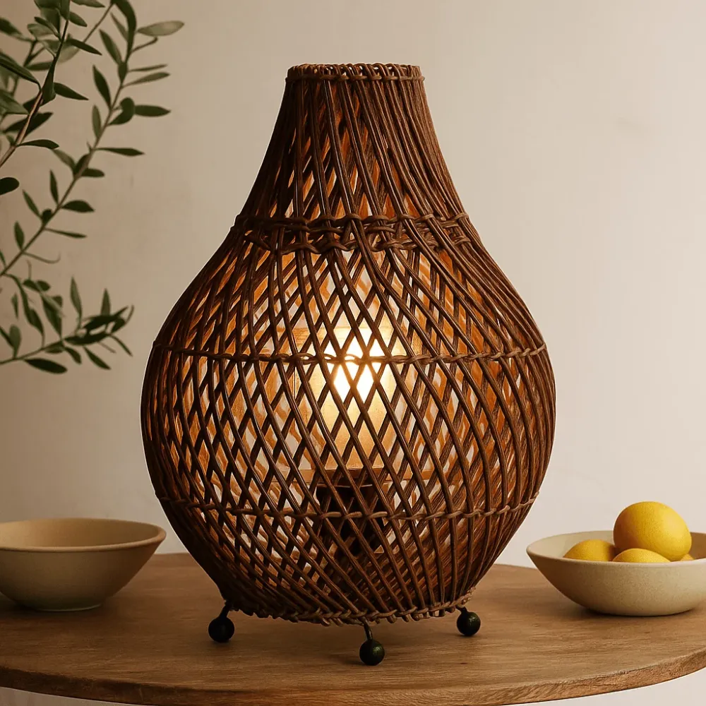 Ratan stolna lampa s UK utikačem tamno smeđ