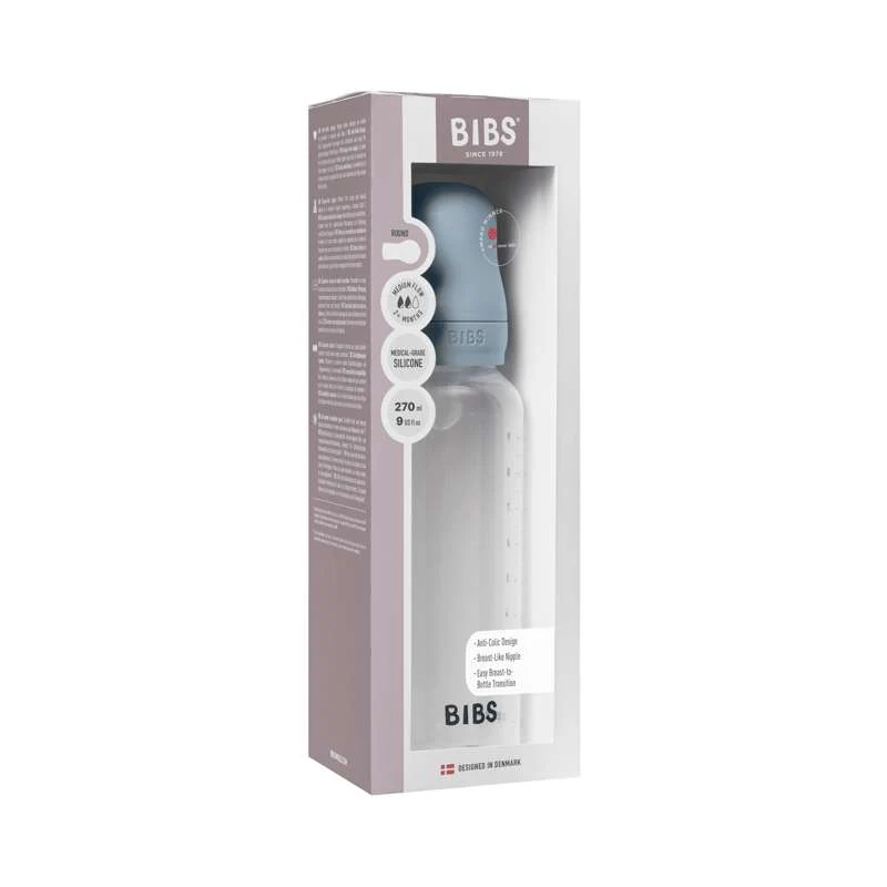 BIBS Bottle - Sutteflaskesæt - Plastik - Silikone/Medium Flow/Rund - 270 ml. - Baby Blue