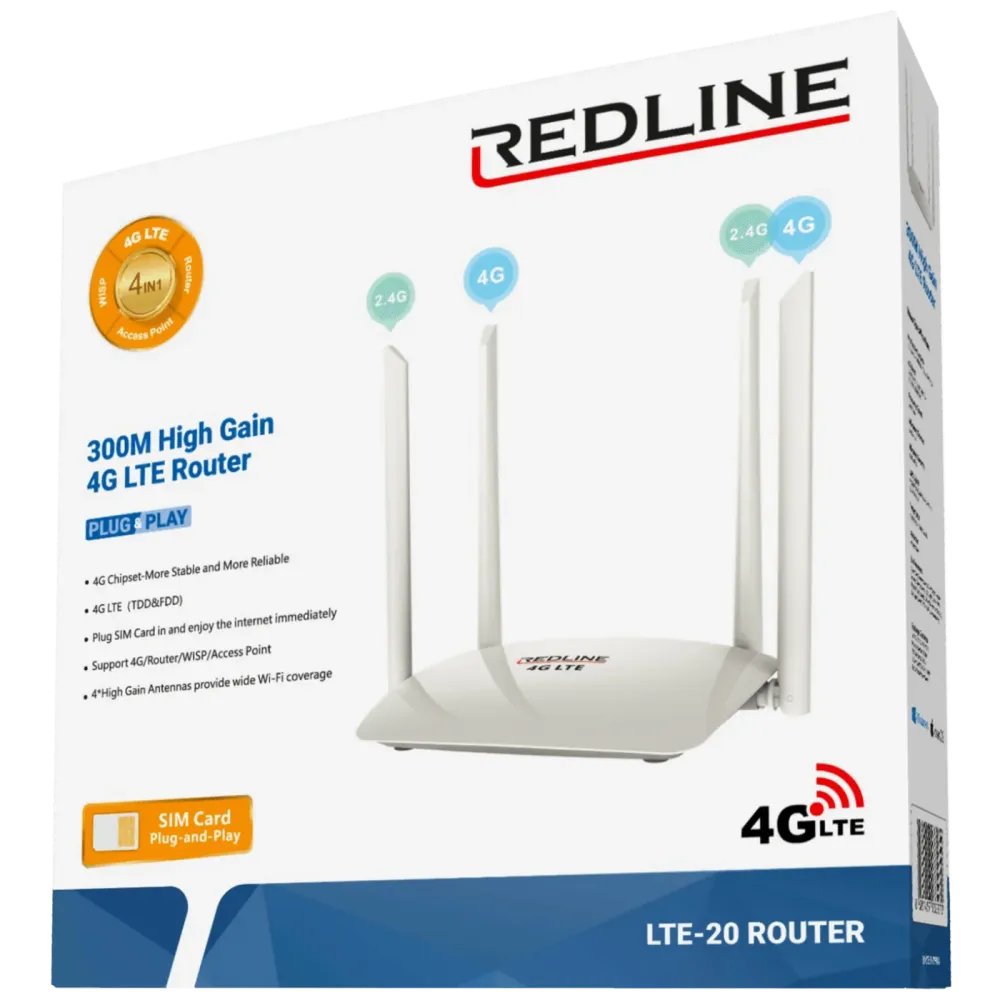 REDLINE Wireless N Router,4G LTE,2 port,300 Mbps,4 x 5 dBi antena - LTE-20