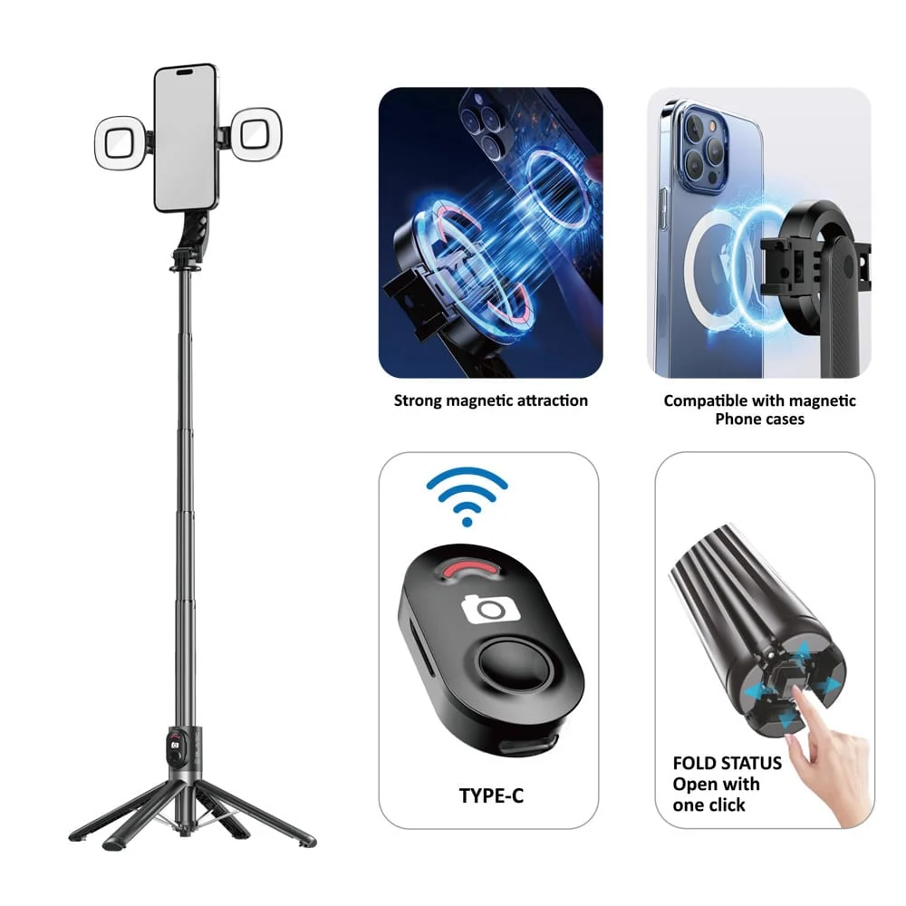 Blavec Selfie Stick Aluminium Fusion P07 Magsafe stativ + daljinski upravljač + 2 lampe 140 cm crni