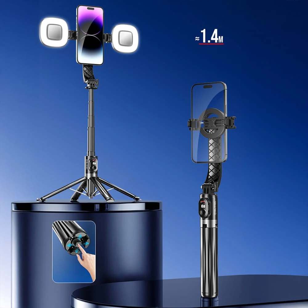 Blavec Selfie Stick Aluminium Fusion P07 Magsafe stativ + daljinski upravljač + 2 lampe 140 cm crni