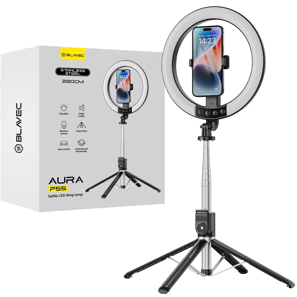 Selfie Ring Aura Blavec LED Ring 25cm + stativ + daljinski upravljač - 230 cm (RLP55-TRB23) crni