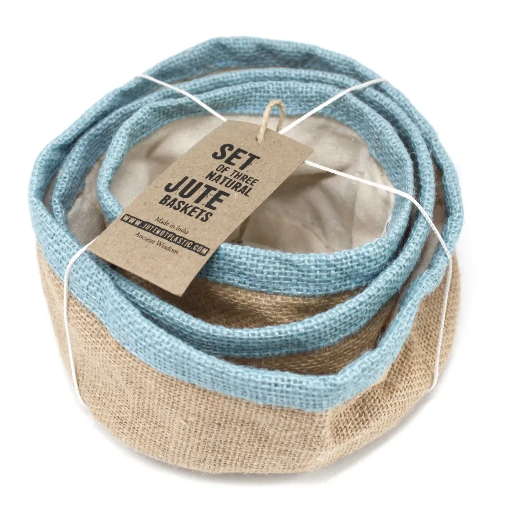 Set od 3 prirodne jute košare – tirkizna