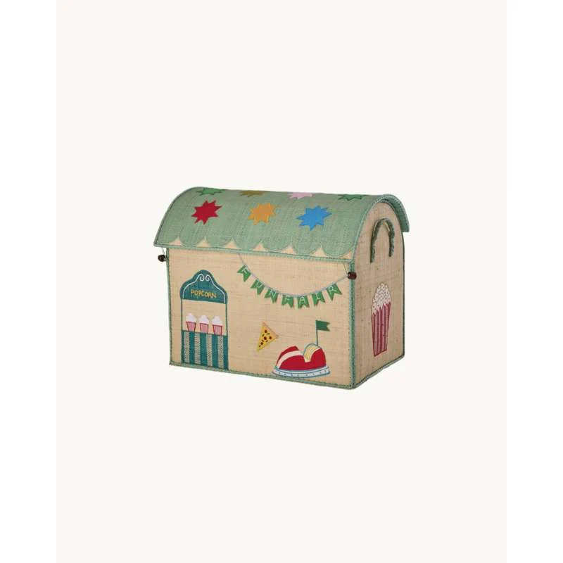 Vintage efemere RICE Raffia Opbevaringshus - Fun Fair Theme - Mellem - Blå/Grøn