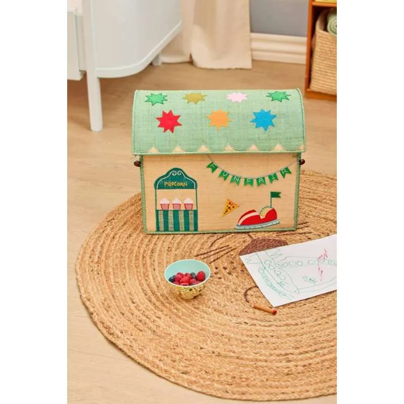 Vintage efemere RICE Raffia Opbevaringshus - Fun Fair Theme - Mellem - Blå/Grøn