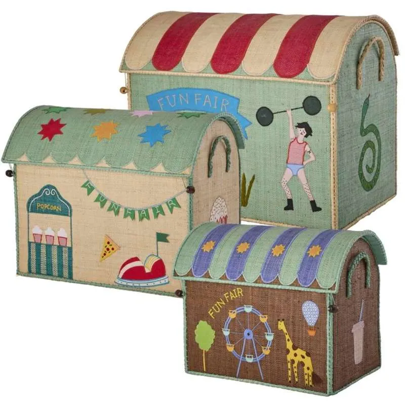 Vintage efemere RICE Raffia Opbevaringshus - Fun Fair Theme - Mellem - Blå/Grøn