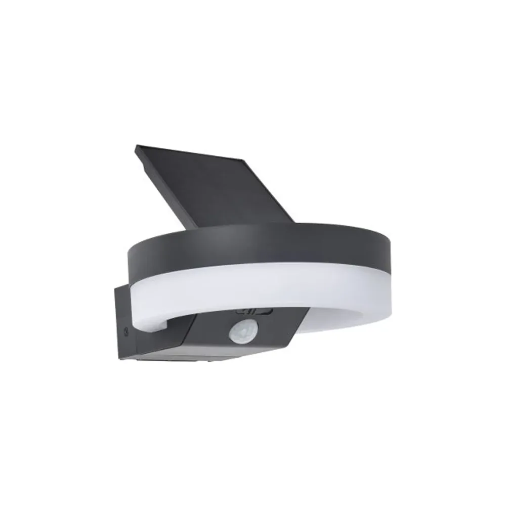 LED solarna zidna svjetiljka RUNDA, senzor pokreta, tamno siva, 12W, 4000K, IP54
