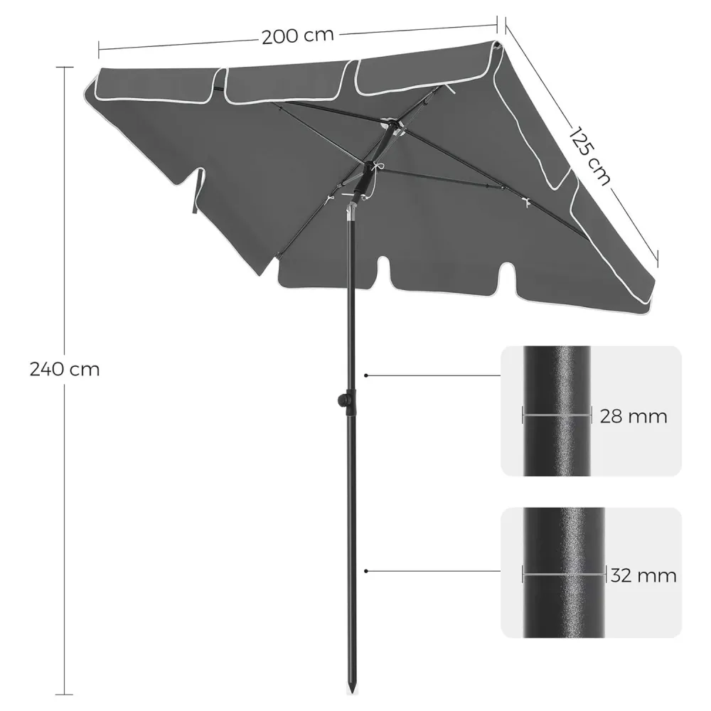 Pravokutni suncobran 2 x 1,25 m sa zaštitom UPF 50, sivi