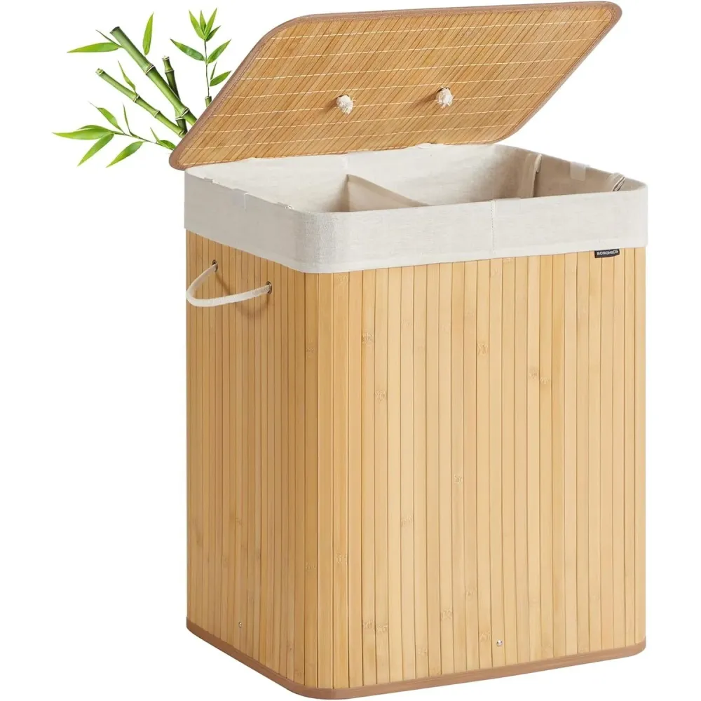 Košara za rublje s poklopcem, 2 pregrade, 120 litara, bambusova, prirodna