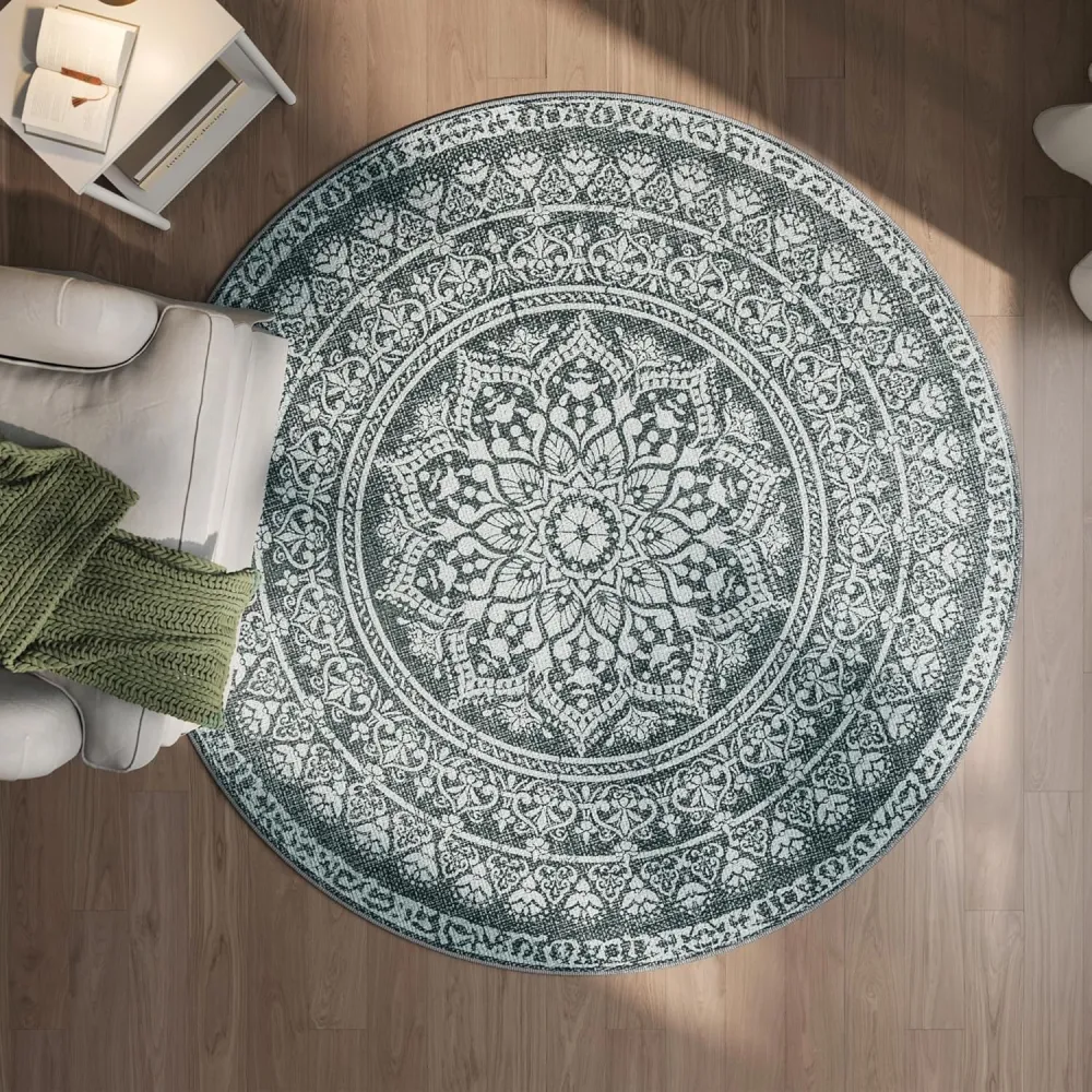 Okrugli tepih, vanjski tepih, boho, promjer 160 cm, periv, antracitno siva