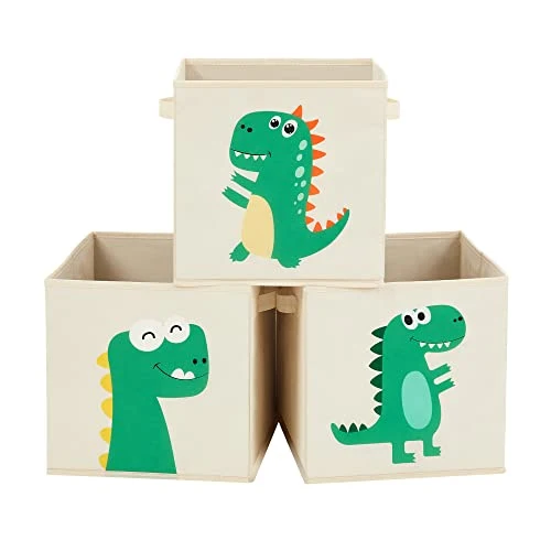 Skladišne kutije, 3 komada, sklopive, s ručkama, bež, s dino uzorkom