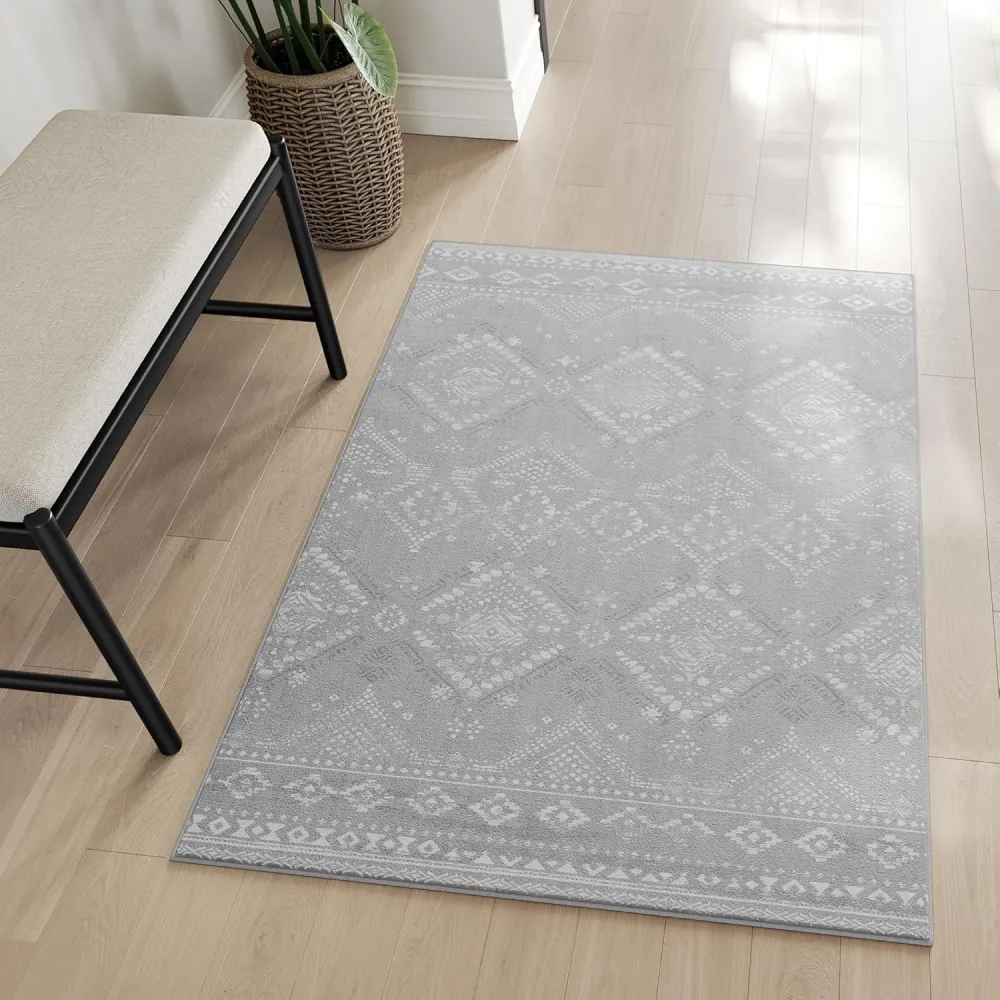 Neklizajući tepih boho stila, periv u perilici, 80 x 150 cm, svijetlosivi