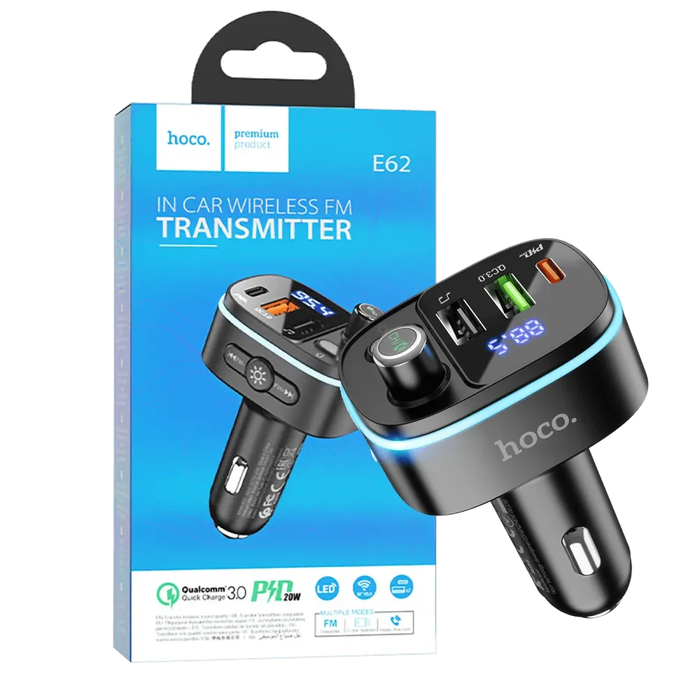 hoco. FM modulator, E62,Bluetooth,12/24 V,2xUSB, 1xUSB-C,PD20W - E62 Fast