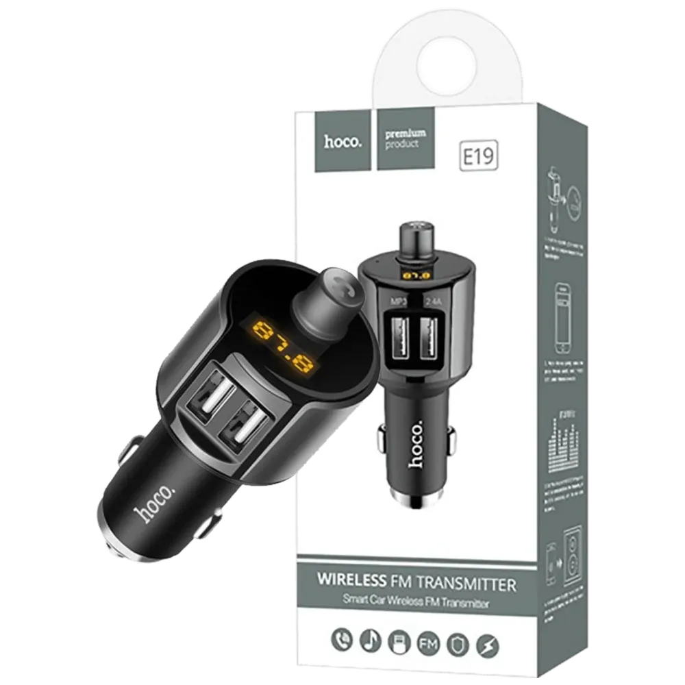 hoco. FM modulator, BT handsfree, 12 V/24 V, 2 x USB 2,4 - E19 Smart, BT, FM, Charger