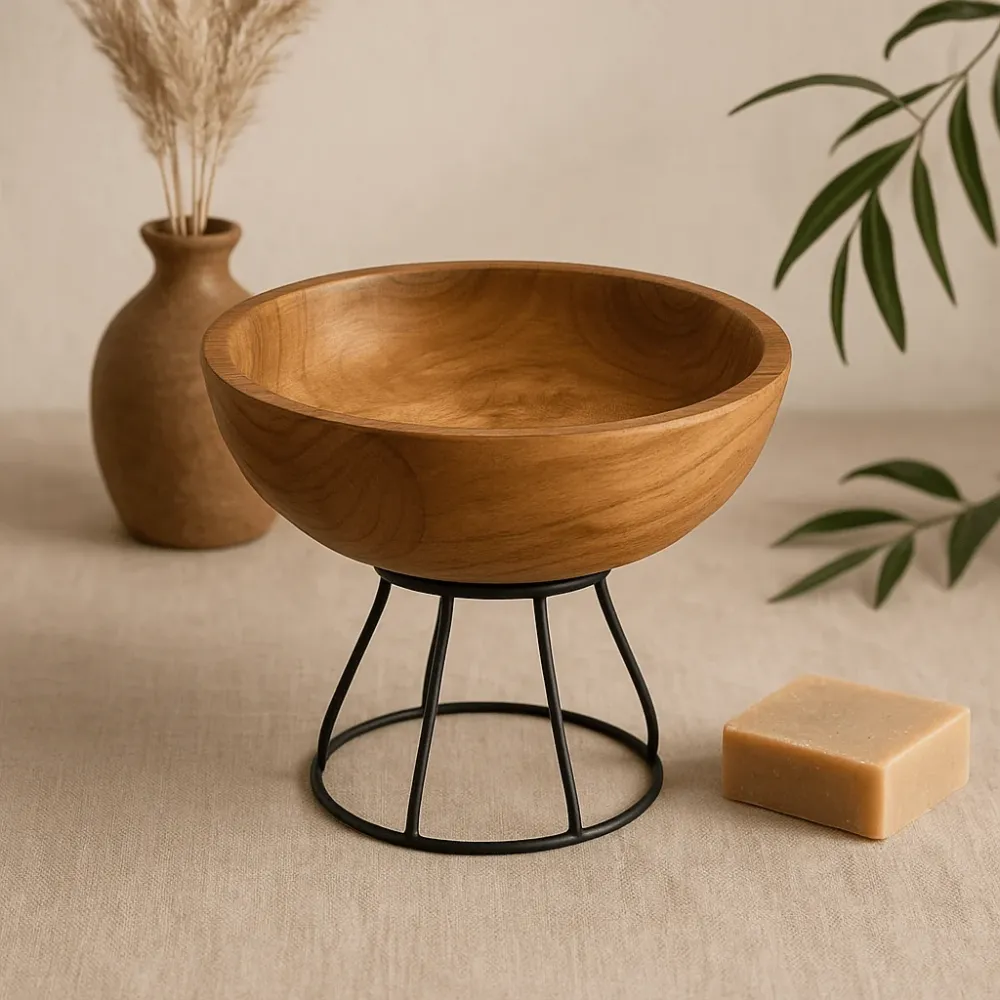 Teak zdjela s metalnim stalkom, 20 cm