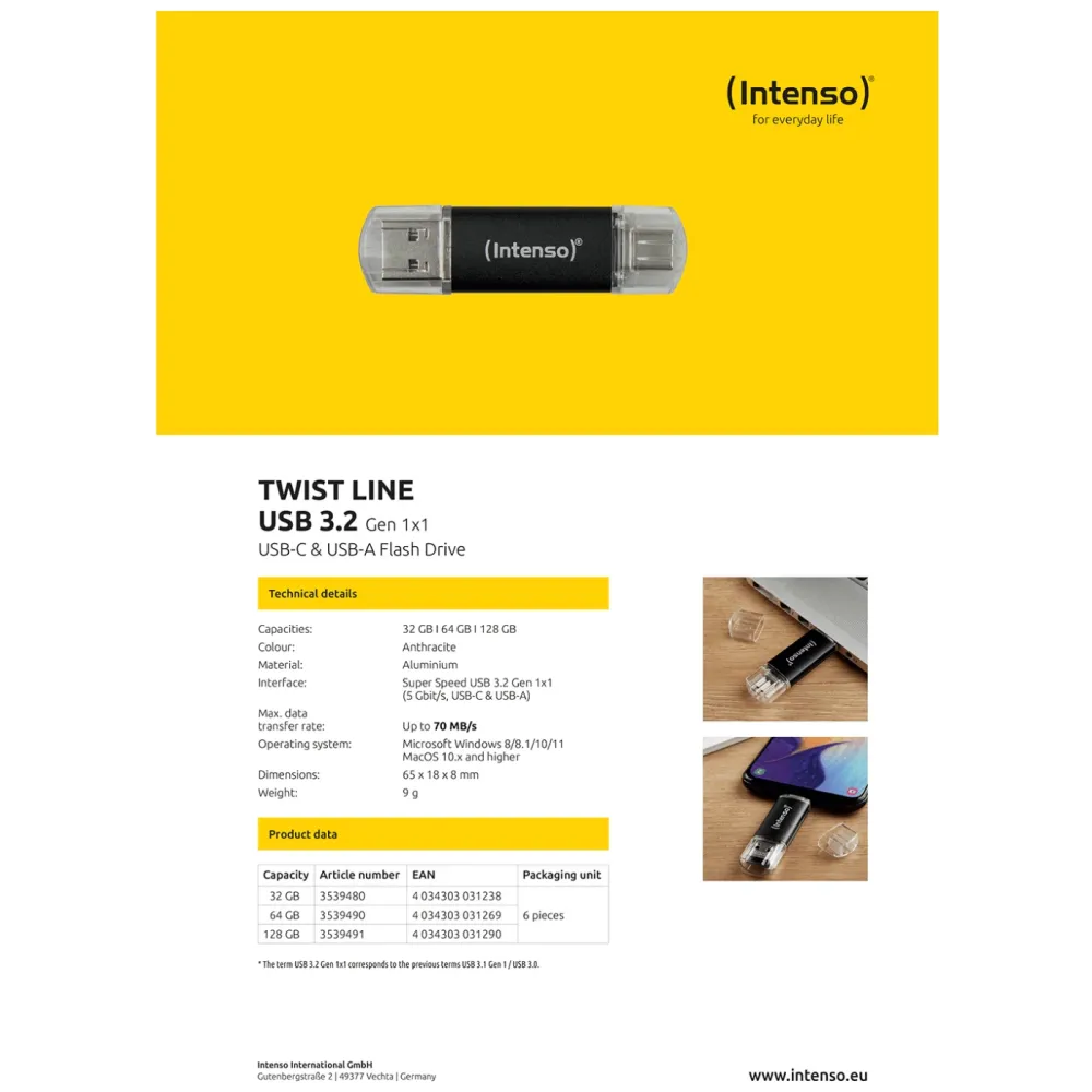 (Intenso) USB Flash drive 128GB, USB 3.2, USB-C, USB-, Twist Line - USB3.2-128GB/Twist Line