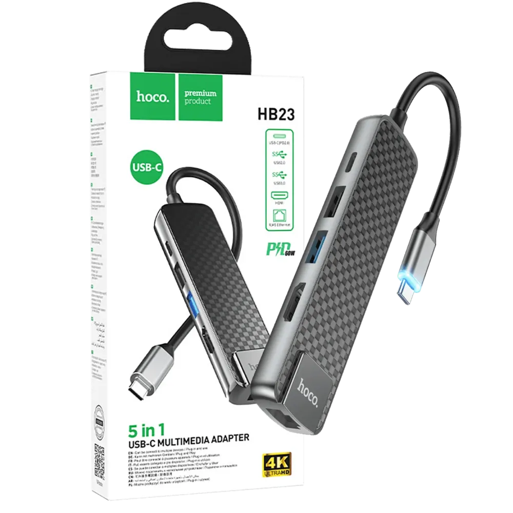 hoco. Konverter USB HUB type C to USB3.0/USB2.0/HDMI/RJ45/PD - HB23 Easy view