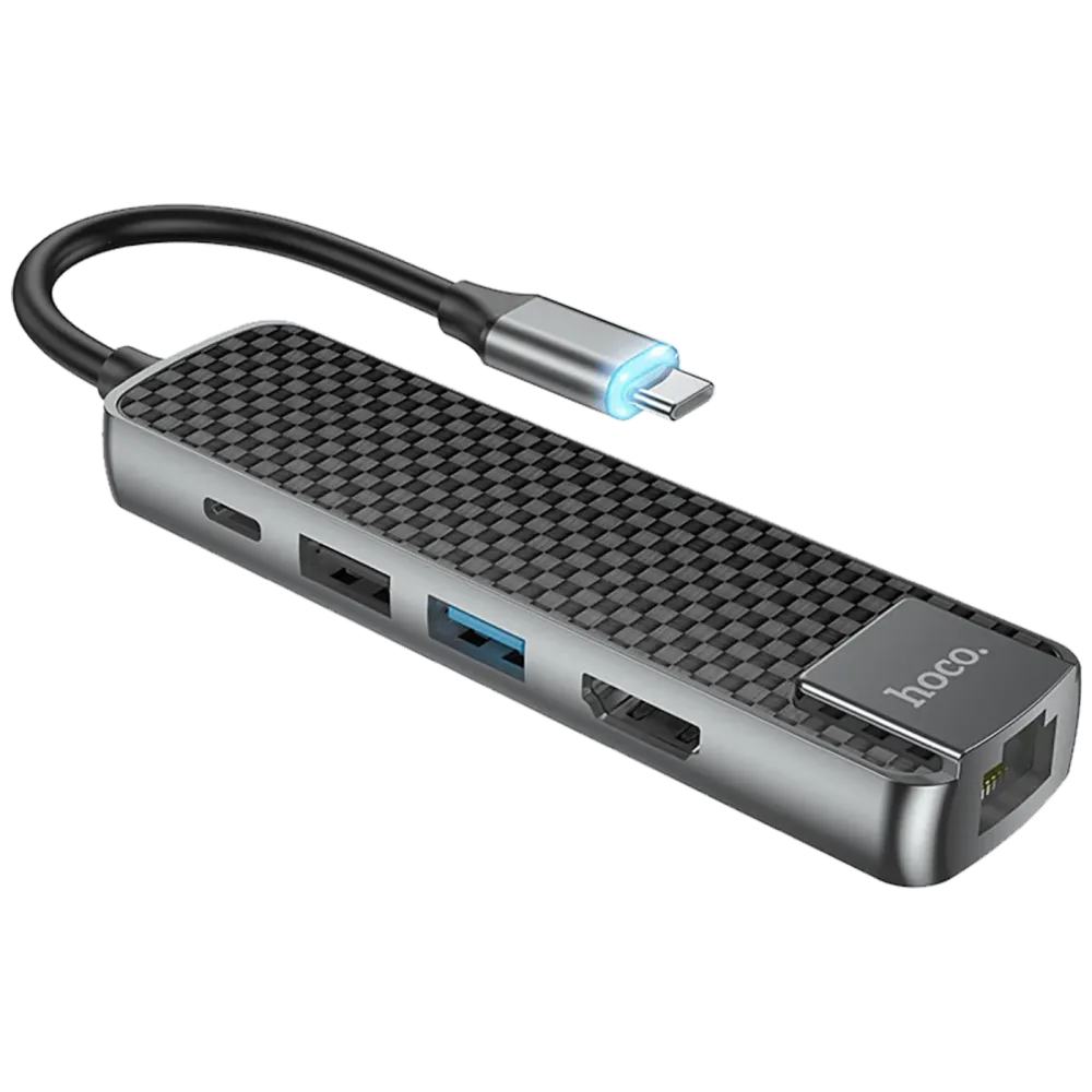 hoco. Konverter USB HUB type C to USB3.0/USB2.0/HDMI/RJ45/PD - HB23 Easy view